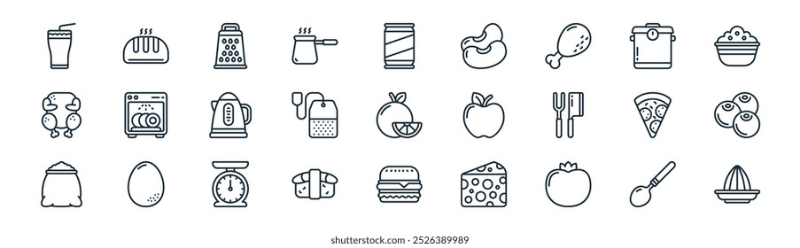 linear gastronomy icon pack. vector thin line spoon, bread, grater, pressure cooker, teabag, berries, burger, lemon juice icons suitable for apps and websites ui designs