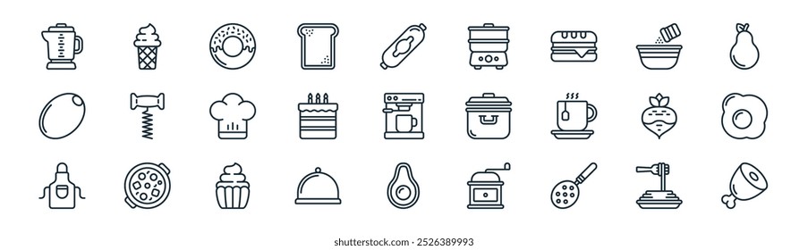 linear gastronomy icon pack. vector thin line pasta, ice cream, donut, bowl, cake, egg, avocado, meat icons suitable for apps and websites ui designs