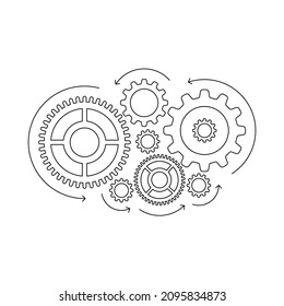 engranajes lineales con flechas. concepto de integración y productividad, flujo de trabajo y ejecución, construcción y desarrollo. proceso y operación simple y eficiente de elementos de diseño negro