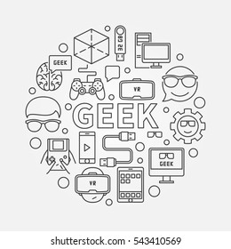 Linear geek illustration. Vector round minimal symbol in thin line style made with the word GEEK in center and device icons