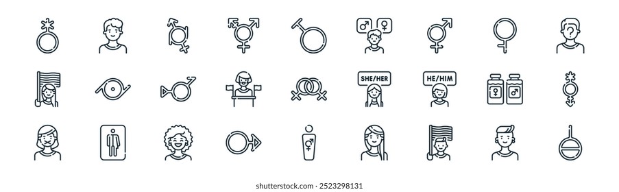 linear gender identity icon pack. vector thin line bigender, man, genderfluid, demigirl, podium, poligender, gender neutral, genderless icons suitable for apps and websites ui designs