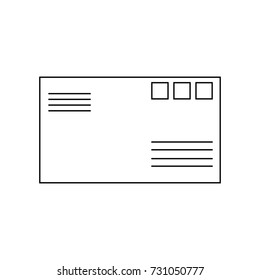 Linear general illustration black, closed paper envelope for letters with stamps, addressee and recipient, with the front side on a white background.