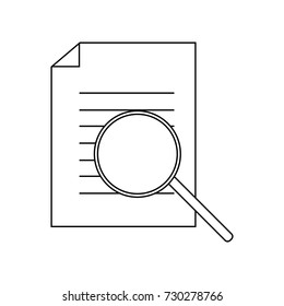 Linear general illustration of a search using a magnifier on a document with text on a white background.