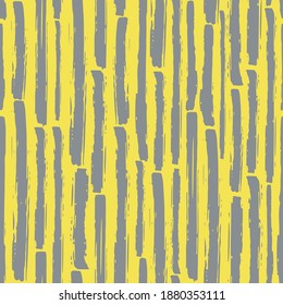 Linear geometric broken stripe seamless vector pattern background. Yellow grey coarse painterly brush stroke striped backdrop. Hand drawn vertical interrupted grunge stripes all over print.