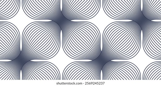 Linear geometric flowers seamless pattern, vector tiling abstract background of optical art lines curvy shapes look like flowers, elegant endless wallpaper.