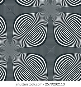 Linear geometric flowers seamless pattern, vector tiling abstract background of optical art lines curvy shapes look like flowers, elegant endless wallpaper.