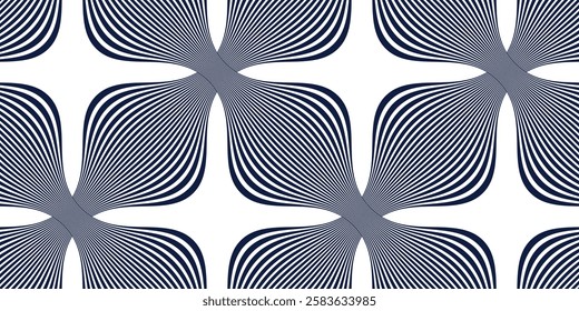 Linear geometric flowers seamless pattern, vector tiling abstract background of optical art lines curvy shapes look like flowers, elegant endless wallpaper.