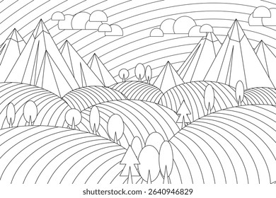 Linear geometric landscape. Vector illustration. Coloring book for stress relief. Sky, clouds, valleys, fields, hills, trees, mountains. 