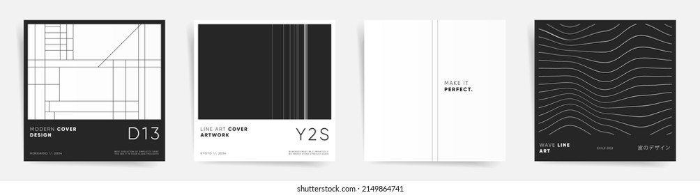 Linear geometric minimal frame template poster set for social media square post, presentation or promo banners. Swiss aesthetic bold graphic art. Vector background and text.