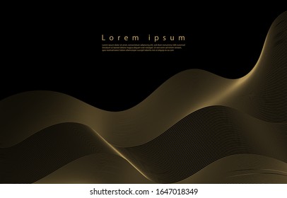 Linear geometric pattern, abstract wave premium gold gradients on a black background. card. Poster. elements design for presentation. Dynamic shapes composition.