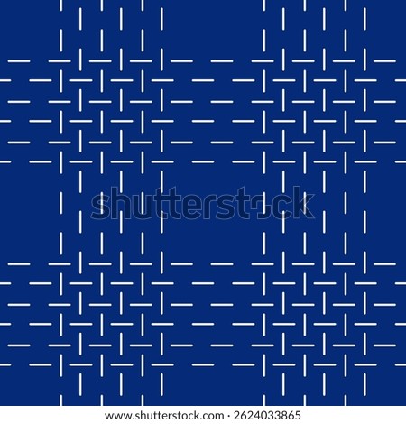 Linear geometric seamless pattern. Japanese sashiko embroidery. Ethnic needlework fabric design. Background with simple hand stitches. White intermittent lines on blue background