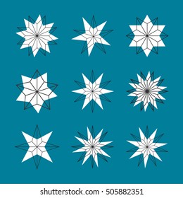 Linear Geometric shapes. Different stars. Winter Holidays decor. Black and White decor on blue background.