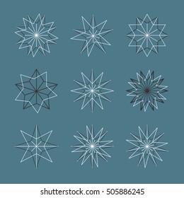 Linear Geometric shapes. Different stars. Winter Holidays decor. Black and White stars on blue background.