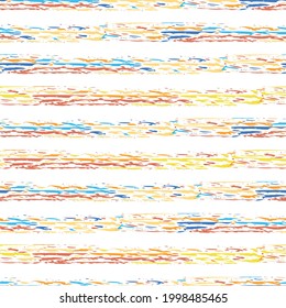 Linear geometric stripe seamless vector pattern background. Coarse painterly brush stroke striped backdrop. Fun yellow red blue painted horizontal stripes. Repeat for vacacation, wellness, summer