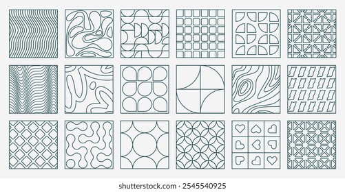 Linear geometric tiles. Modern abstract decorative elements with minimal ornament, retro bauhaus and brutalist puzzle blocks. Vector set.