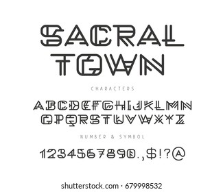 Linear geometric vector alphabet. English letters, numbers and signs on a white background. Sacred font. Elements for design.