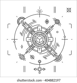 Linear geometrical space design. Modern cosmic line badge. Hipster t-shirt illustration concept