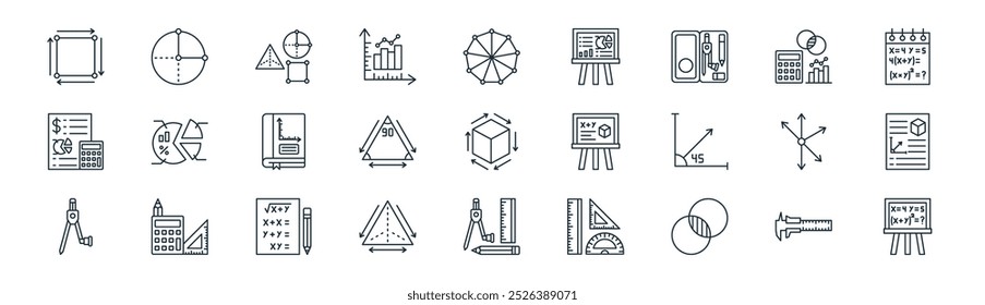 linear geometry icon pack. vector thin line vernier caliper, circle, geometrical shapes, mathematics, vertex, document, geometry, aebra icons suitable for apps and websites ui designs