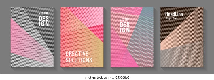 Linear geometry poster vector templates. Minimal presentation backdrops. Corporate branding leaflets. 2d abstract shapes tech compositions. Stationery notebook covers design set.