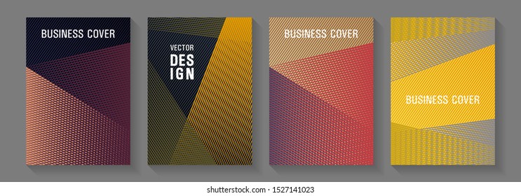 Linear geometry poster vector templates. School notebook cover templates set. Cool triangles compositions. 2d abstract shapes tech compositions. Scientific journals concept.