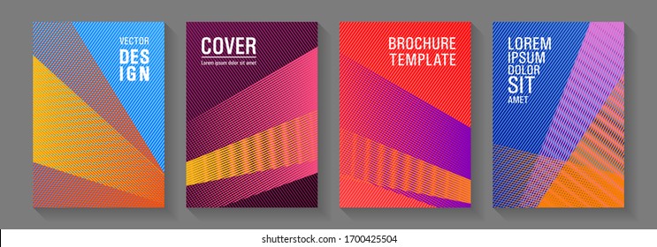 Linear geometry poster vector templates. Rectangle leaflet box cards. Cover templates set with logo places. Technological 2d backdrops. Lines gradient texture booklet layouts.