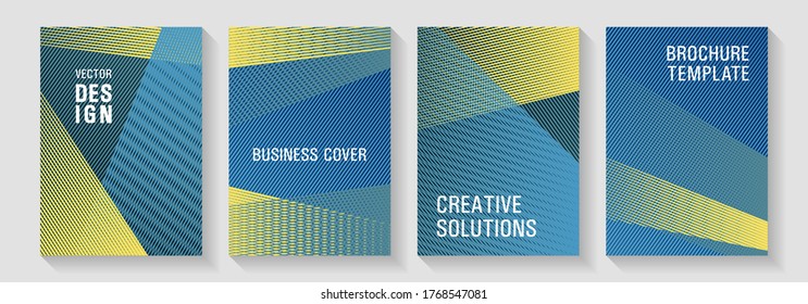 Plantillas vectoriales de póster de geometría lineal. El folleto de marketing cubre el conjunto de diseño. Folletos vibrantes de revistas elegantes. Líneas de diseño de folletos de textura de degradado. Segundo telón de fondo tecnológico.