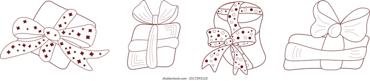 Embalaje de regalo lineal con arcos decorados. Conjunto de cajas de regalo sobre fondo blanco