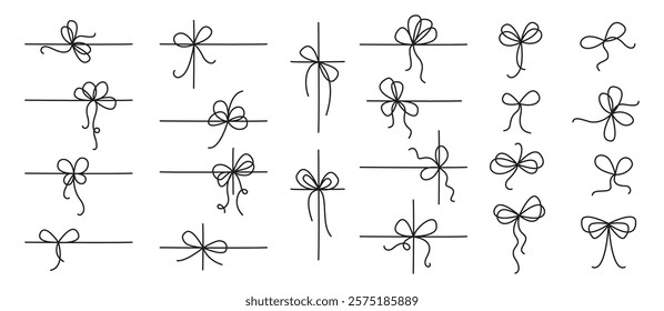 Linear Gift ribbons. Hand drawn doodle ribbon bows.  Elegant holiday packaging, festive present. Outline border sketch. Elegant minimal line stroke style. Isolated vector illustration
