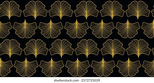 Linear ginkgo biloba leaves seamless pattern. Luxury golden botanical background on black background. Japanese style line art. Floral vector illustration.
