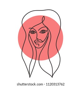 linear girl face, thin line portrait, beauty salon logo, t-shirt print, beautiful stylized woman. Vector illustration