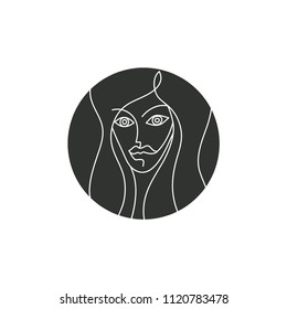 linear girl face, thin line portrait, beauty salon logo, t-shirt print, beautiful stylized woman. Vector illustration