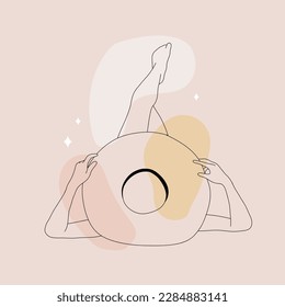 Linear girl is sunbathing in Panama hat. Attractive woman in black swimsuit. On line continuous. Vector outline illustration for logo, print, card, poster. Travel blog concept.