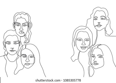 Linear girls' faces. Group of yound women. Design for cards, covers, posters.