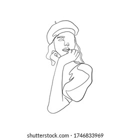 Linear glamour logo in minimal icon of girl in hat. Fashionable casual headwear. Graceful lady in headgear. Linear female beauty simple face drawn by one continuous line. Portrait of Parisian lady.