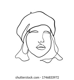 Linear glamour logo in minimal icon of girl in hat. Fashionable casual headwear. Graceful lady in headgear. Linear female beauty simple face drawn by one continuous line. Portrait of Parisian lady.