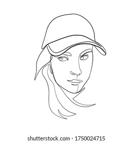 Linear glamour logo in minimal style of girl in baseball cap. Sportswear. Headdress in sporty style. Beautiful simple portrait of female face. One continuous line. Design for fashion shop, stylist. 