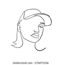 Linear glamour logo in minimal style of girl in baseball cap. Sportswear. Headdress in sporty style. Beautiful simple portrait of female face. One continuous line. Design for fashion shop, stylist. 