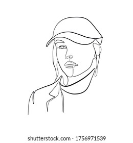 Linear glamour logo in minimal style of girl in baseball cap. Sportswear. Headdress in sporty style. Beautiful simple portrait of female face. One continuous line. Design for fashion shop, stylist. 