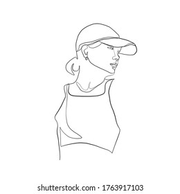 Lineares Glamour-Logo im minimalen Stil des Mädchens in Baseballkappe. Sportbekleidung. Hitze im sportlichen Stil. Schönes einfaches Portrait von weiblichem Gesicht. Eine durchgehende Linie. Design für Modegeschäfte, Stylisten. 