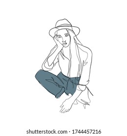 Linear glamour logo in minimal of trendy girl in jeans and hat. Modern woman in hipster style. Fashionable glamour character. Casual clothes. Beauty simple portrait female silhouette.  