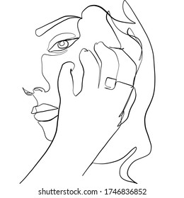 Linear glamour woman in minimal style with ring. Promotion logo design for jewelry. Linear female beauty simple face. Continuous line. 