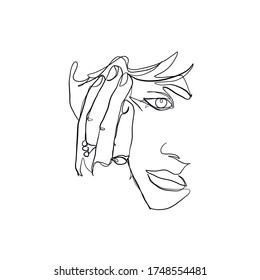 Linear glamour woman in minimal style with ring. Promotion logo design for jewelry. Linear female beauty simple face. Continuous line. 