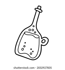 Linear glass bottle in doodle style. Hand drawing vector illustration. Refreshing drink or magic potion. Element from the collection for the holiday Halloween.