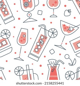 Linear Glasses with Cocktail in Pink Vector Seamless Pattern Template