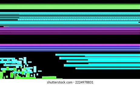 Linear glitch with blue, pink and green pixels on a black background. Vector abstraction with damage on the screen of the device. Concept of destruction, cyberpunk, future, sci-fi.