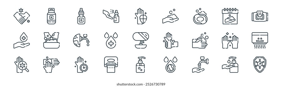 linear global handwashing day icon pack. vector thin line soap, alcohol gel, hand sanitizer, handwashing day, water drop, hand dryer, soap, virus icons suitable for apps and websites ui designs