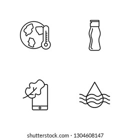 Linear Global warming, Smartphone, Bottle, Water Vector Illustration Of 4 outline Icons. 