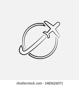 Linear globe and flying airplane. Concept symbol travel company. Hand drawing tracing sign in minimalist style. vector illustration