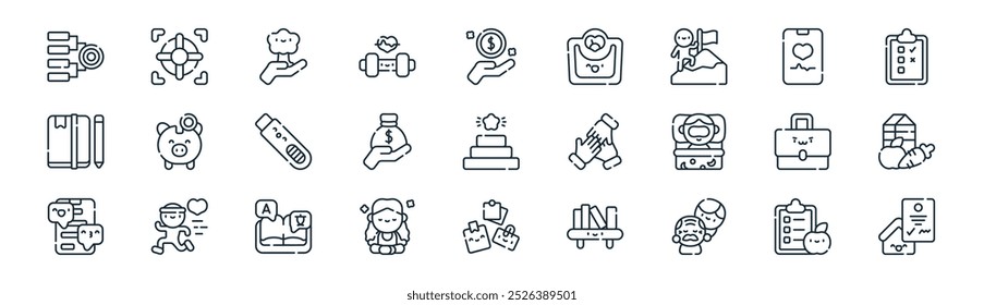 linear goals for the year icon pack. vector thin line diet, focus, plant a tree, exercise, debts, healthy food, creative process, mortgage icons suitable for apps and websites ui designs