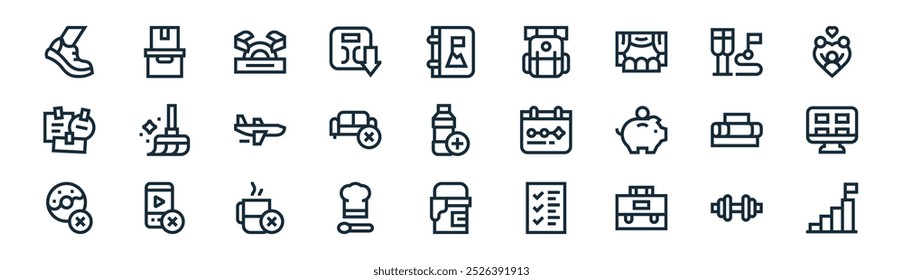 linear goals for the year icon pack. vector thin line training, boxes, holidays, goals of the year, no sofa, mood board, painting, goal icons suitable for apps and websites ui designs